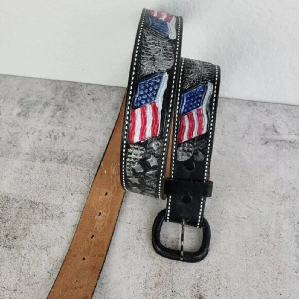 Vintage Leather Belt Tooled Painted Patriotic USA Flag size 38 Stars & Stripes